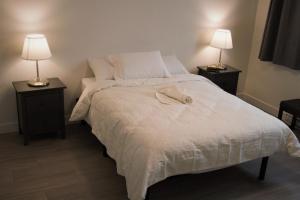 een slaapkamer met een bed met 2 lampen en een witte deken bij Gibsōn in Piopolis