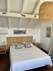 a bedroom with a large bed with two pillows at Villa Paradis - vue mer, piscine et jacuzzi in Sainte-Anne