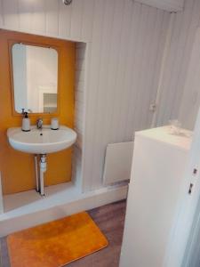 La salle de bains est pourvue d'un lavabo, d'un miroir et d'un réfrigérateur. dans l'établissement Le Chalet, à Mers-les-Bains