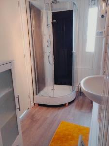 La salle de bains est pourvue d'une douche et d'un lavabo. dans l'établissement Le Chalet, à Mers-les-Bains