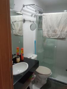 y baño con aseo, lavabo y ducha. en Loft Porto Marina Itacuruçá en Mangaratiba
