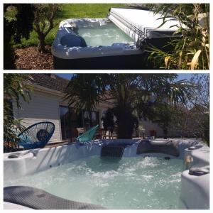 two pictures of a swimming pool in a backyard at Villa Poppies Holidays - Noel et Nouvel An Villa avec spa privatif plage Ouistreham 14 pers Baby-Foot EVG Groups XXL Ouistreham Riva Bella D-Day Beaches in Ouistreham +29 photos