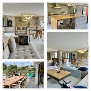a collage of four pictures of a living room and kitchen at Villa Poppies Holidays - Noel et Nouvel An Villa avec spa privatif plage Ouistreham 14 pers Baby-Foot EVG Groups XXL Ouistreham Riva Bella D-Day Beaches in Ouistreham