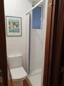 a bathroom with a toilet and a shower with a window at Casita adosada in Vigo