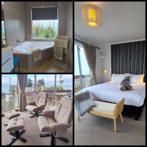 卡卡角的住宿－Kaka Point Spa Accommodation - Catlins，四张酒店客房的照片,配有一张床和一个浴缸