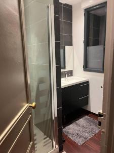 een badkamer met een glazen douche en een wastafel bij Centre Maison appartement 100 m de la plage 150 m du port in Les Sables-dʼOlonne