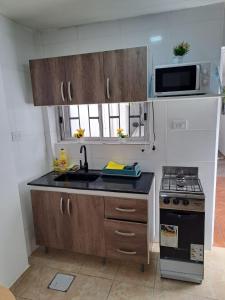 Una pequeña cocina con fregadero y estufa. en ayacucho pb B un dormitorio, en Resistencia