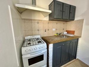 a kitchen with a white stove and a sink at AMPLIOS Departamentos PASAJE TUCUMÁN in Alta Gracia