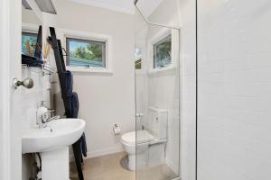 a white bathroom with a toilet and a sink at Gowan Ross Cottage in Mount Wilson