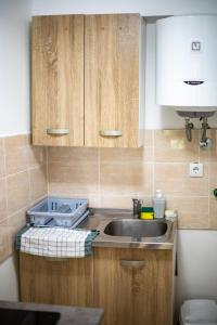 a kitchen with a sink and wooden cabinets at Apartmani Devic in Tivat