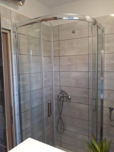 um chuveiro com uma porta de vidro na casa de banho em Holiday house with a parking space Razanac, Zadar - 21253 em Ražanac