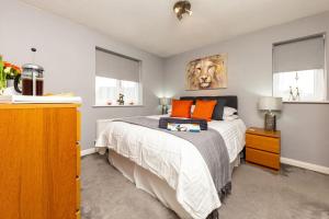 um quarto com uma cama grande e almofadas laranja em iStay Here Ltd - 1 Bed House with Wifi and Parking - An African Adventure em Aston End