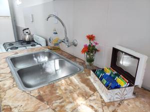 um balcão de cozinha com um lavatório e um fogão em Sol y Monte em Capilla del Monte