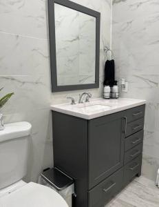 een badkamer met een wastafel, een spiegel en een toilet bij Near NYC Luxury modern 1bed apt plus Sofa Bed & Balcony in New Rochelle
