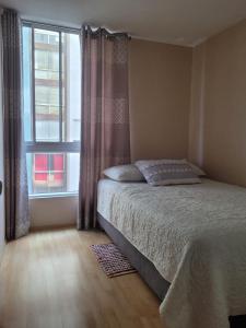 ein Schlafzimmer mit einem Bett und einem großen Fenster in der Unterkunft Departamento familiar in Lima