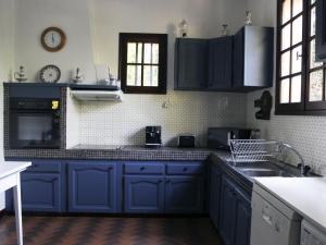 a kitchen with blue cabinets and a sink at Villa les Isards au cœur d'Argelès-Gazost in Argelès-Gazost