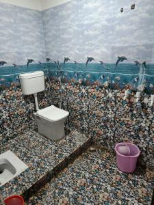 een badkamer met een toilet en vogels aan de muur bij Green stay homestay in Rāmnagar