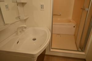 a white bathroom with a sink and a shower at TOYA Center Village in Lake Toya