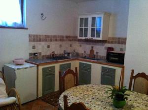 a kitchen with green cabinets and a table and a table and chairs at Ospitaci Appartamenti di campagna Le Rancole in Valtopina