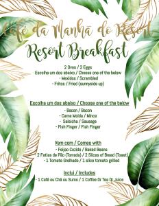 a menu for a retreat breakfast with tropical leaves at Praia do Cossa in Vila Praia Do Bilene