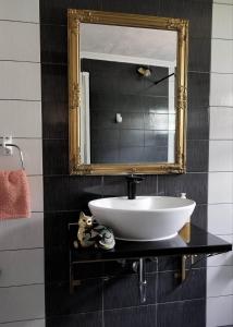 a bathroom with a sink and a mirror at Apartment with garden Hanja in Mostar