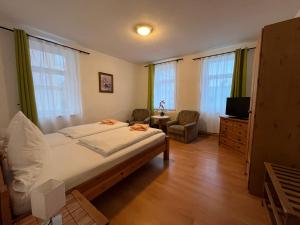 a bedroom with a bed and a tv and windows at Pension Am Renner in Dresden