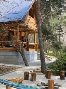 a log cabin with a blue roof at Yeghevni Rest House in Jermuk