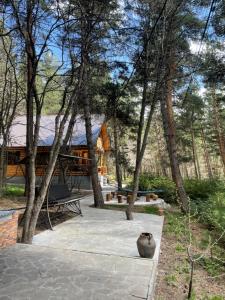 a house with a vase sitting in the middle of trees at Yeghevni Rest House in Jermuk +14 photos
