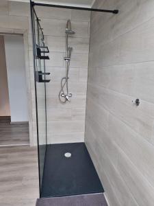 a shower with a glass door in a bathroom at le coin douillet in Saint-Ghislain