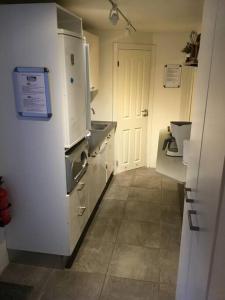 een keuken met een wastafel en een koelkast bij Hus-lejlighed i ejendommens baghus in Odense