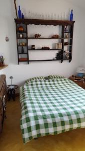um quarto com uma cama com um cobertor xadrez verde e branco em UNE MAISON SUR UNE PRESQU'ILE em Port-Saint-Louis-du-Rhône