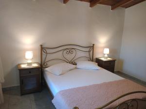 um quarto com uma cama e duas mesas de cabeceira com candeeiros em Nature Villa em Volímai