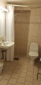 a bathroom with a white toilet and a sink at Bergland apartment 18 - close to the center of Kragerø in Kragerø