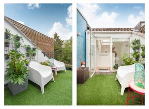 two photos of a patio with white chairs and plants at Studio for 3 with a private balcony in a Cubic house with outside pool in London