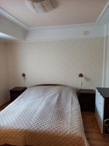 a bedroom with a bed with two night stands and a dresser at Karpatia Vendeghaz 1201 Budapest in Budapest