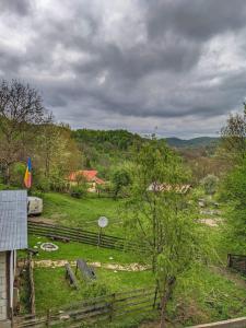 een uitzicht op een boerderij met een hek en een veld bij Cabana „Stâna din Deal” in Proviţa de Sus