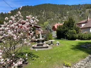 a park with a fountain in the middle of a yard at Penzión Encián in Blatnica