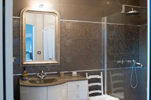 a bathroom with a sink and a shower with a mirror at Lyolyl BnB in Sainte-Croix-sur-Orne