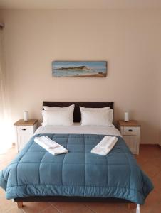 een slaapkamer met een blauw bed met 2 kussens erop bij View apartment 2 in Katakolon