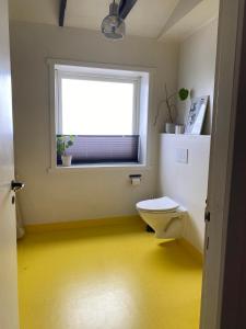 a bathroom with a toilet and a window at Newly renovated house with garden and ocean view in Tórshavn