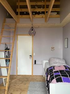 a bedroom with a bunk bed and a ladder at Newly renovated house with garden and ocean view in Tórshavn