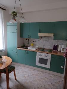 une cuisine avec des placards verts, une cuisinière et une table dans l'établissement Ferienwohnung Viola, à Meissen