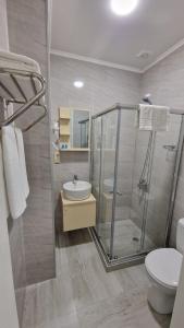 a bathroom with a shower and a sink and a toilet at Salami Residence in Batumi
