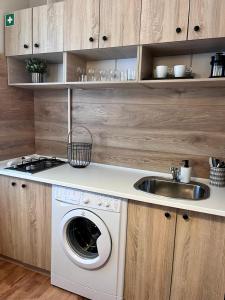 eine Küche mit einer Waschmaschine und einem Waschbecken in der Unterkunft Imantas apartment in Daugavpils