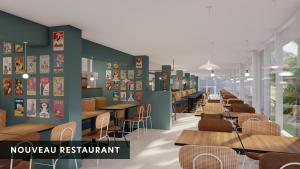 un rendu d'un restaurant avec des tables et des chaises dans l'établissement Belambra Clubs Belgodère - Golfe de Lozari, à Belgodère