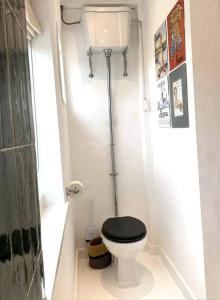 a small bathroom with a toilet with a black seat at 1.5 bed Wandsworth flat 2-week minimum stay in London