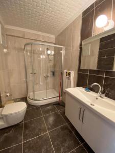 a bathroom with a shower and a toilet and a sink at YALINCAK EŞYALI KİRALIK DAİRE in Uğurlu