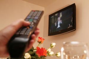 a person holding a remote control in front of a tv at Apartmenthaus Gotthardt in Kaprun