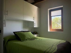 a bedroom with a green bed with a window at A CASA DO ACIVRO in Outes
