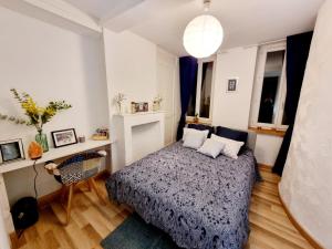 sypialnia z łóżkiem, krzesłem i oknami w obiekcie Apartement Lille w Lille